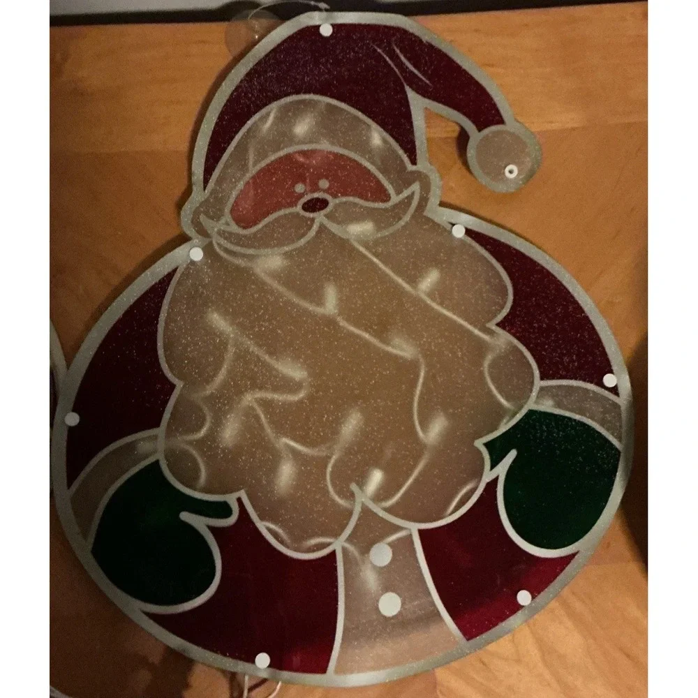 Set Of 2 Vintage Plastic Santa Window Lights, Stain Glass Lime, Tested And Works